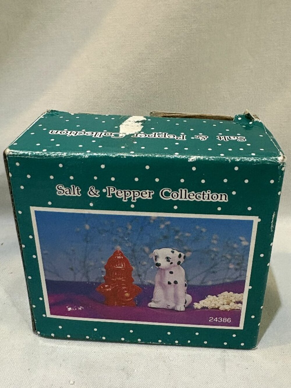 Dalmatian Puppy Dog and Fire Hydrant Ceramic Salt Pepper Shaker Set NIB
